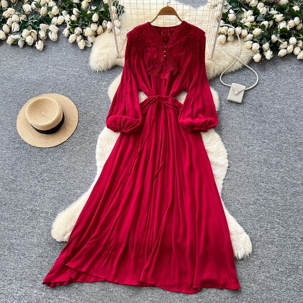 Retro elegant wind lantern sleeves V-neck lace splicing dress women's waist and thin temperament long dress