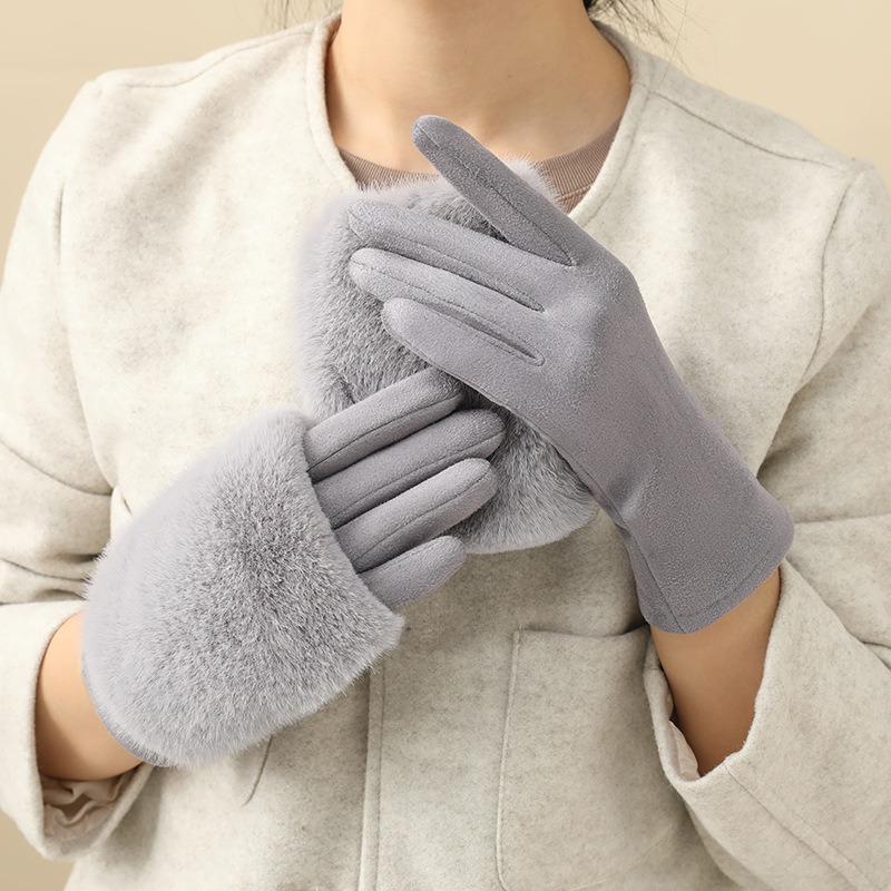 Thickened Suede Gloves for Women Cold Weather Winter Warm Gloves with Rabbit Faux Fur and Detachable Thermal Lining for Party
