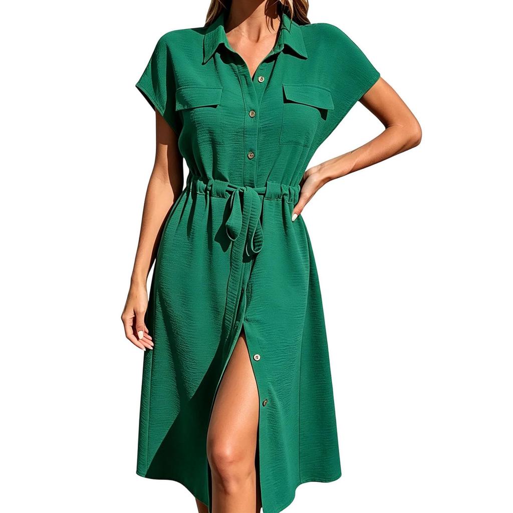 Women's Casual Button Down Shirt Dress with Waist Tie and Short Sleeves Midi Length Relaxed Fit Lightweight Fabric
