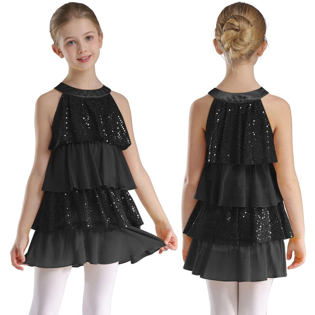 Gestuftes Rüschen-Mädchen-Tanzkleid Glänzende Pailletten Patchwork A-Linie Ärmellos Aufführungskostüm