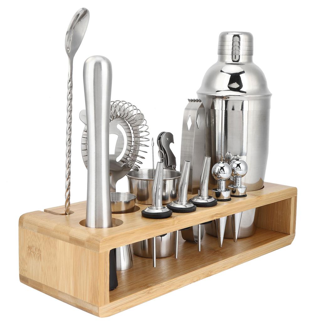 16Pcs 304 Edelstahl Cocktail Shaker Bar Set Wein Trinken Mixer mit Bambus Stehen