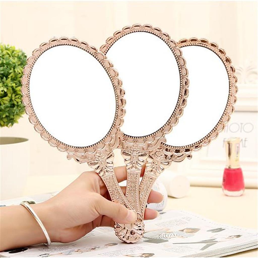 Antiek Vintage Bloemig Ovaal Spiegel Draagbaar Dames Hand-held Reis Glas Make-up Tool Decoratieve Objecten