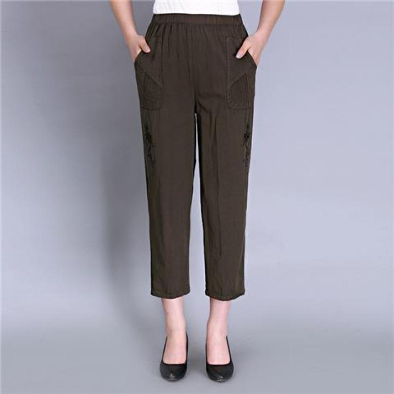 Women's Cropped Pants with Elastic High Waisted Cotton and Loose Fit for The Elderly In Summer