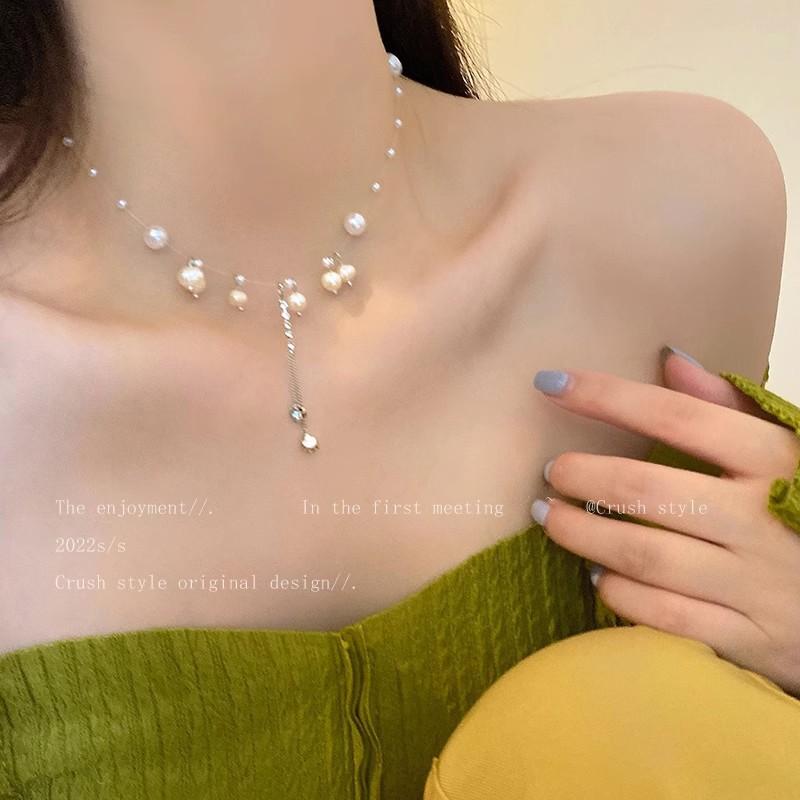 Gentle Temperament Versatile Pearl Fringed Necklace Women'S Retro French High-End Design Sense Collarbone Chain