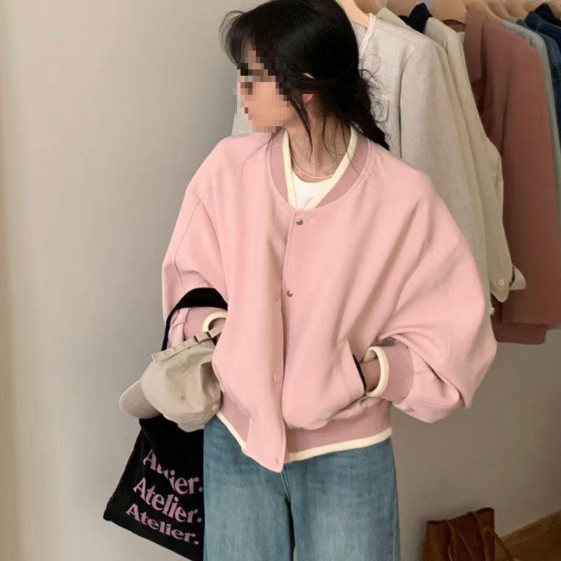 Women's Pink Loose Casual Baseball Jacket - Spring 2025 Korean Style Top, Spandex