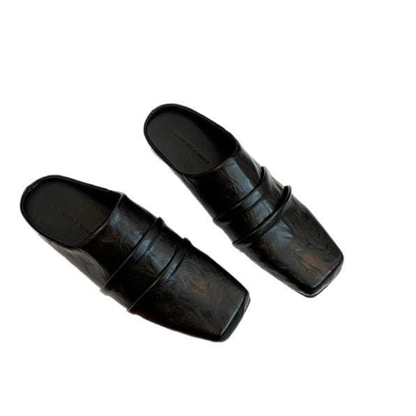 thick-soled pleated bag head half slippers large size women's shoes 2025 spring and summer square head small leather shoes cool slippers women