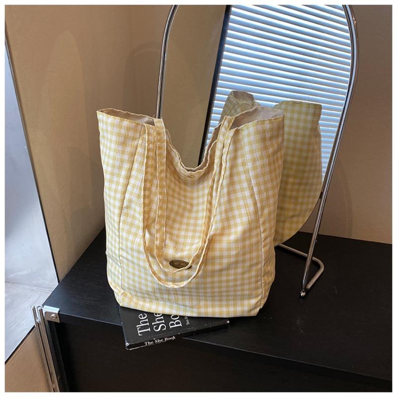

Клетчатая холщовая сумка в ленивом стиле, новая сумка большой вместимости, женская сумка-тоут для отдыха для студенток колледжа жёлтый