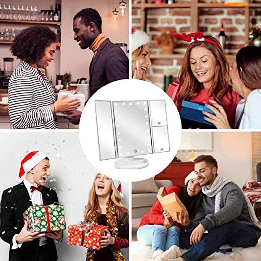 Makeup Mirror With LED, 1x Magnification Triptych Makeup Mirror, 2X, 3X, Cosmetic Mirror 21 Led Lighting Touch Screen, 180 ° Adjustable (White)