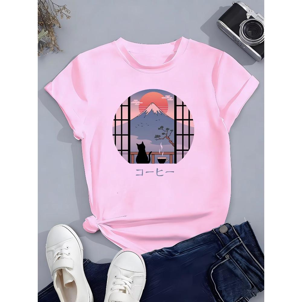 T-shirt Stile Giapponese Fiore con Gatto Manga Bambini T-shirt Bambino Ragazzo Ragazza Estate Primavera Top Casual Tee