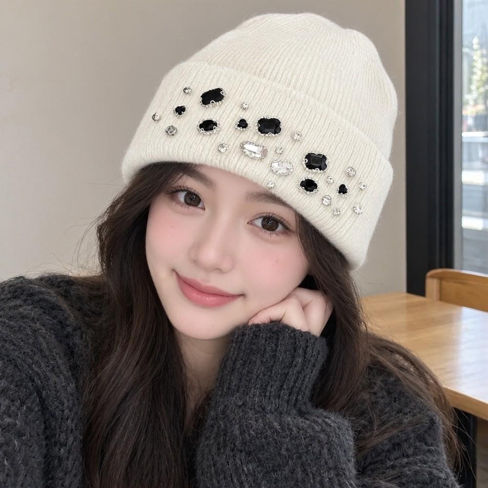 Thick Warm Beanie Versatile Windproof Cap Gift Rhinestone Knitted Hat Daily Wear