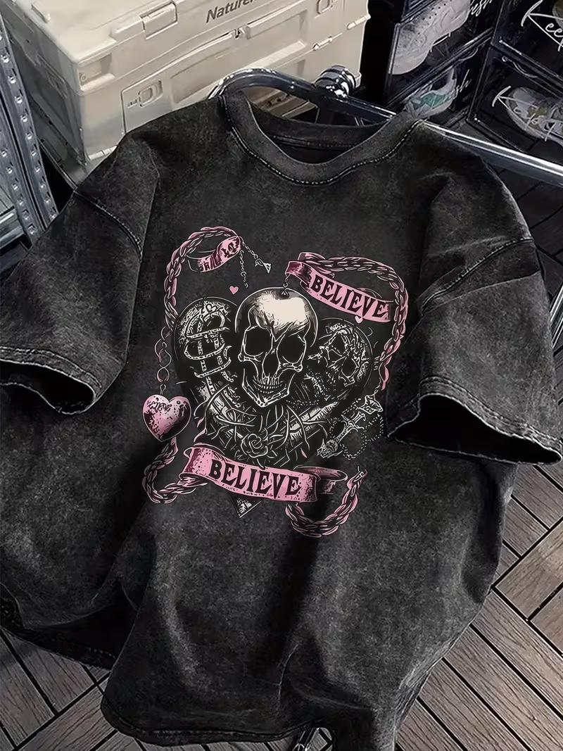 

Vintage Washed Skull Rose Floral Graphic TShirt Tattoo Art Dark Punk Casual Short Sleeve Tee Soft Loose Unisex Daily Wear Top S