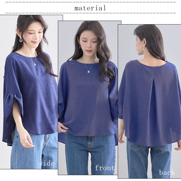 AICA Tunic Ribbon Round Voluminous Loose Plus Solid One Size White Women's A-Line Blouse, Pullover, Flared, Sleeves, Neck, Sleeves, 3/4 Sleeves,