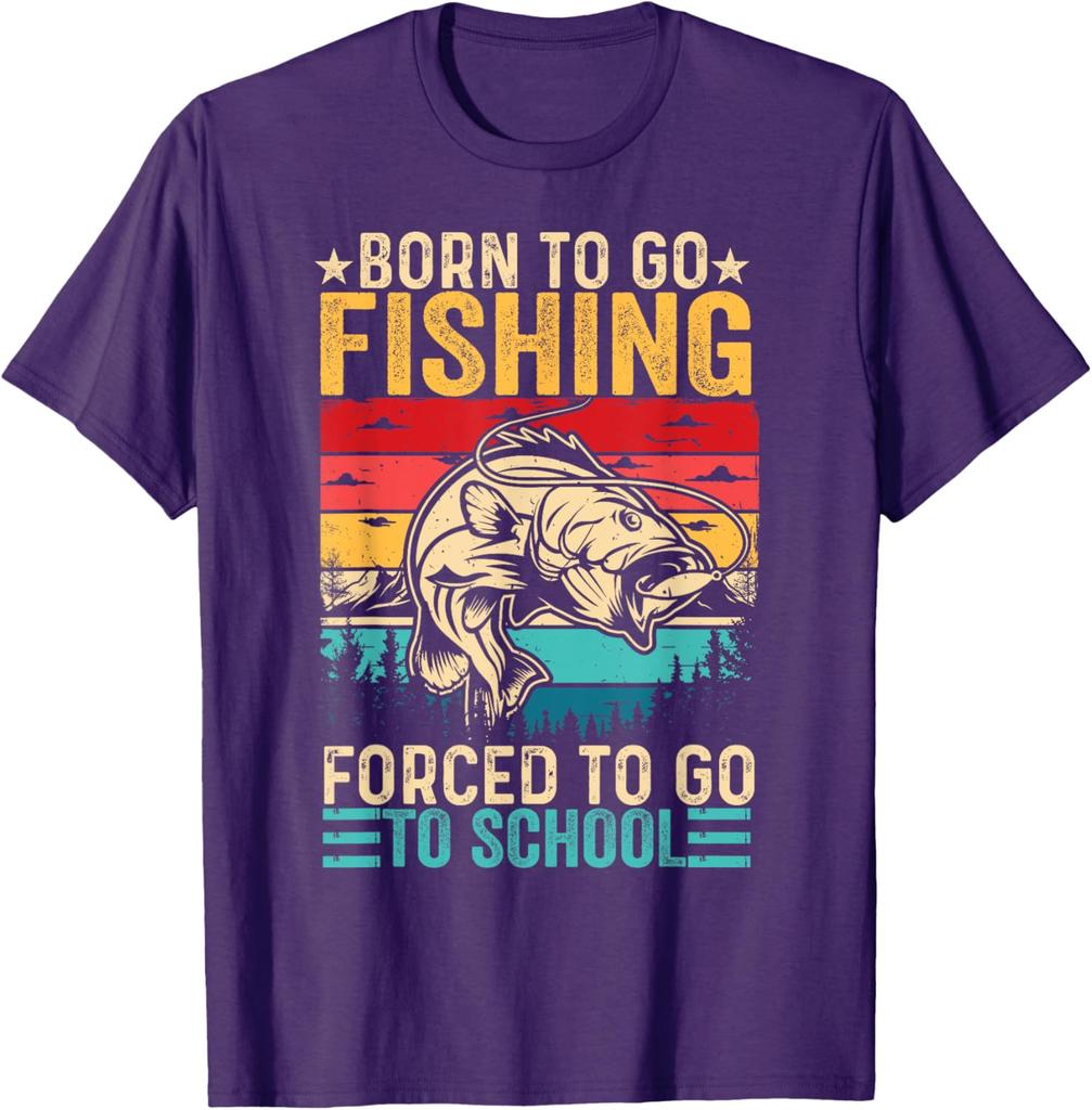 Born To Go Fishing Forced To Go School Graphic TShirt Retro Sunset Lake Trees Men Casual Tee