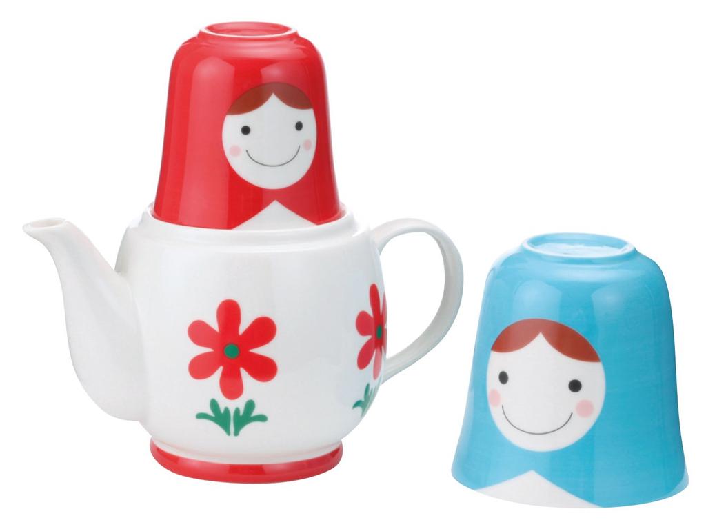 Sun Art Cute Tableware "Matryoshka" Teapot & Cups (Tea Set for 2) Blue x White SAN1637