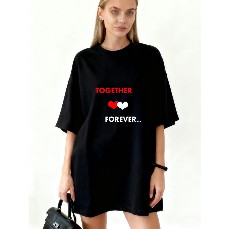 Oversized T Shirt Black Together Forever Heart Print Casual Wear For Women S