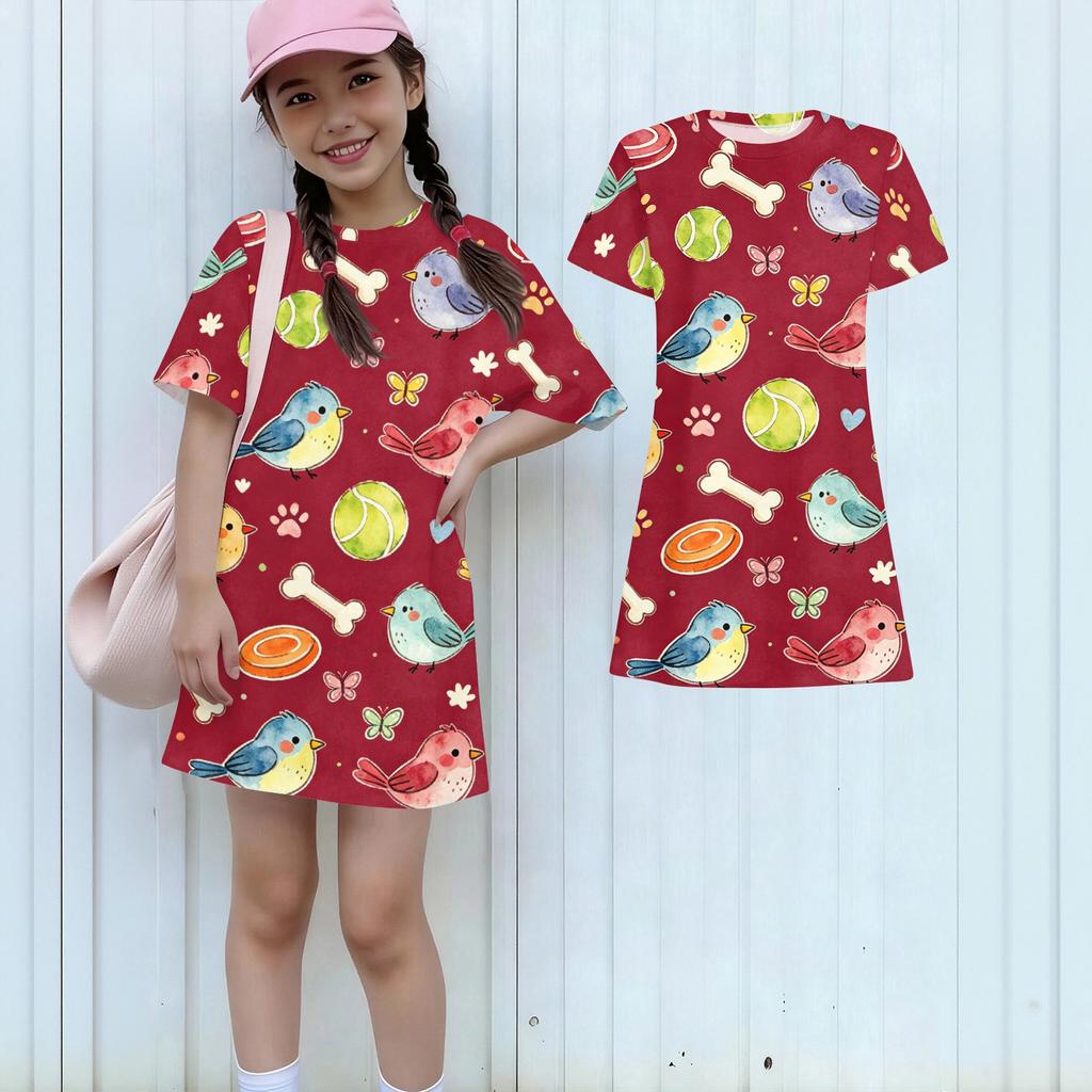 Girls Loose Fit Short Sleeve Dress Lightweight Summer Dress with Animal Print Round Neck Casual Kids Dress for Daily Wear