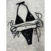 Women S Solid Crystal Diamond Strappy Split Triangle Bikini Swimsuit
