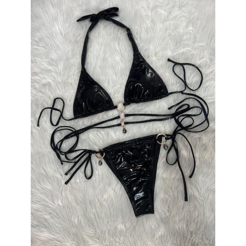 Women S Solid Crystal Diamond Strappy Split Triangle Bikini Swimsuit