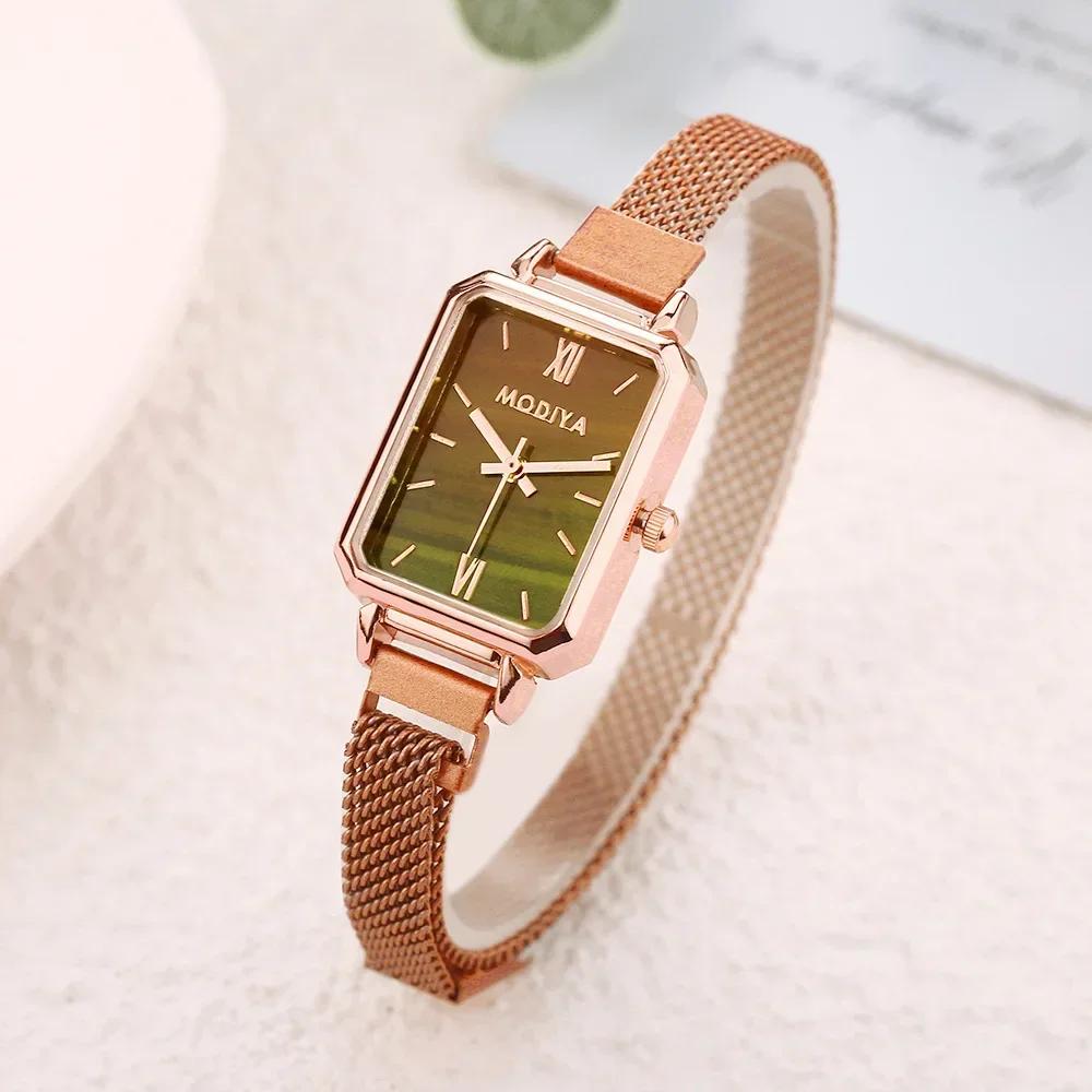 Women Watches Fashion Square Ladies Quartz Watch Magnetic Strap Green Dial Simple Rose Gold Mesh Luxury Women Wristwatches коричневый