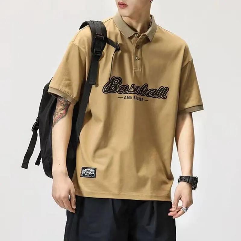 

Американское ретро базовые рубашки поло летняя модная одежда для мужчин с принтом букв поло-воротник пуговицы повседневные футболки с коротким рукавом 4XL дубильная кора
