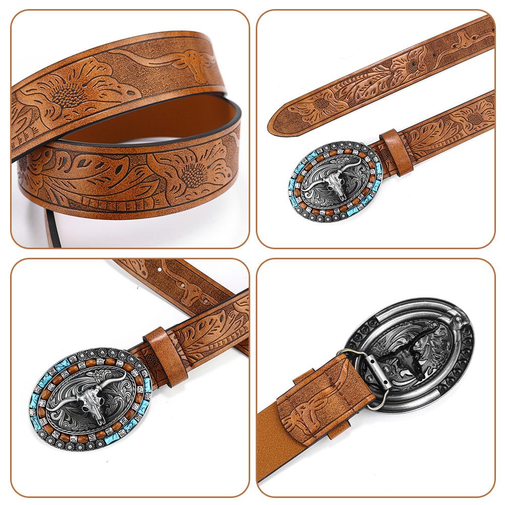 Vintage Design PU Leather Belt Men Punk-Embossed Westerns Denim Belt With Buckle Adjustables Soft Belt 110/115//120/125cm