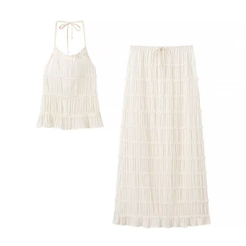 Kaslead New Women Clothes Western Style Pleat Top Backless Hanging Neck Sling Pleating Long Dress Two-piece Set