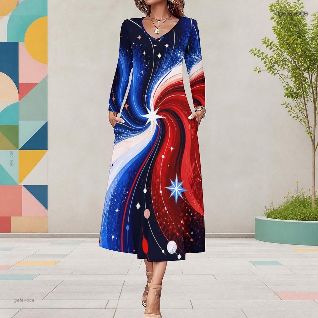 Women Plus Size V Neck Long Sleeve Star Swirl Print A Line Midi Dress With Pockets