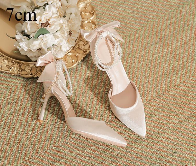 Fashion High Heeled Women's New Pointed Thin Heel Silk Satin Hollow Heel Bow High Heels Women Versatile Commuter Single Shoes for Women