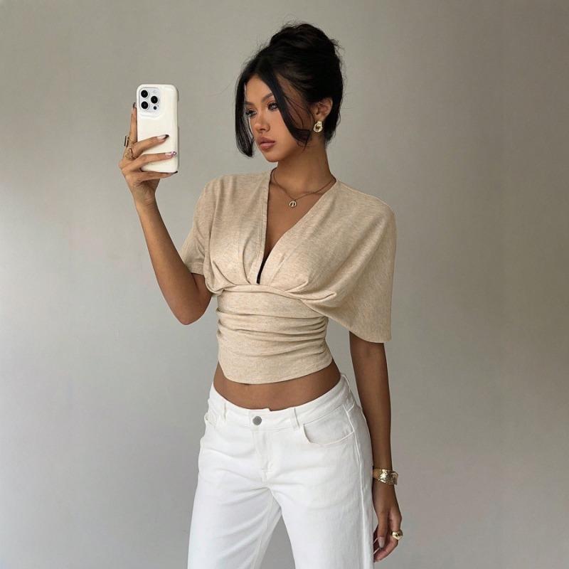 Women Wrap V Neck Crop Top Batwing Short Sleeve Ruched Casual Blouse