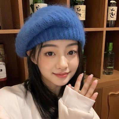 Women Mohair Berets French Artist Painter Caps Winter Warm Rabbit Fur Beanies Hats Retro Solid Elegant Lady Autumn Beret Caps