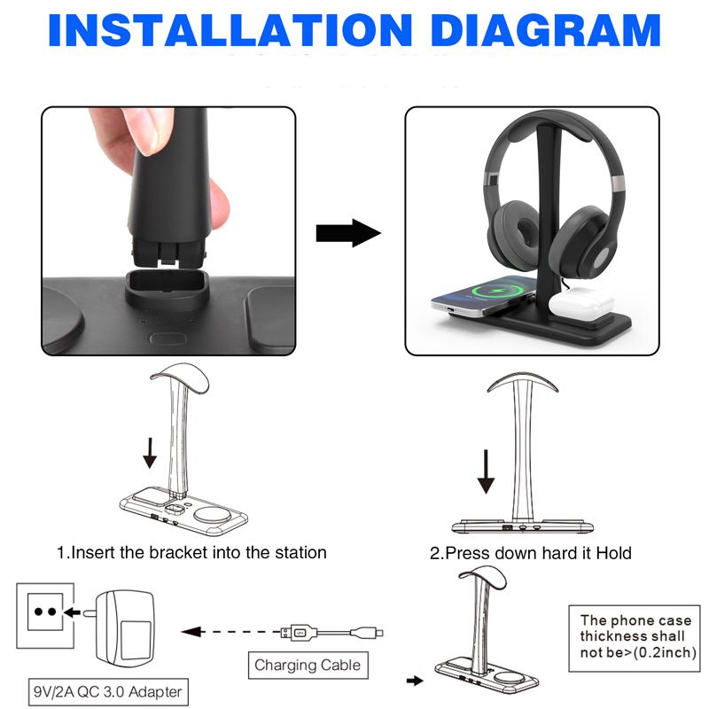 3in1 Headphones Stand Wireless Charger RGB Atmosphere Light Gaming Headset Bracket Mobile Phone Bluetooth Earphone Charging Dock