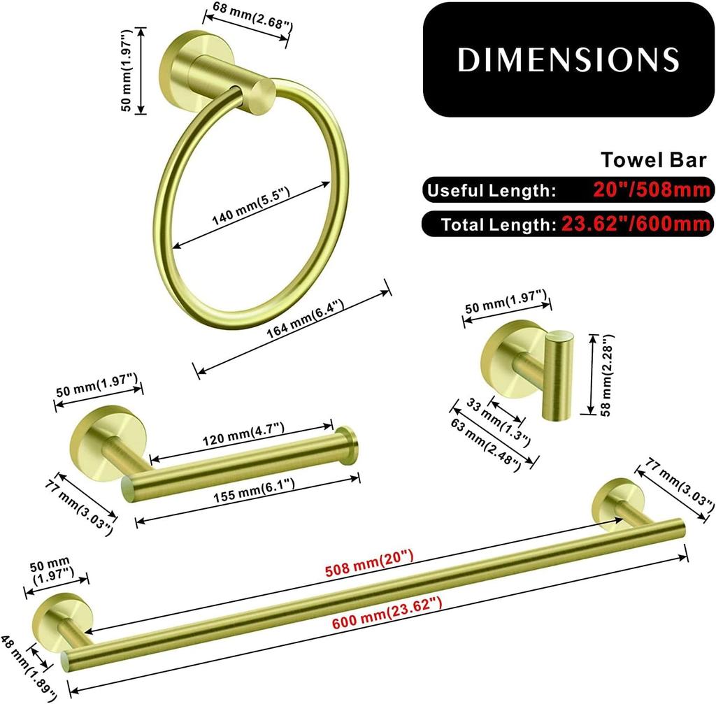 4-Piece Bathroom Hardware Set, Modern 24-Inch Towel Bar Set Wall Mounted, SUS304 Stainless Steel Bathroom Accessories Set