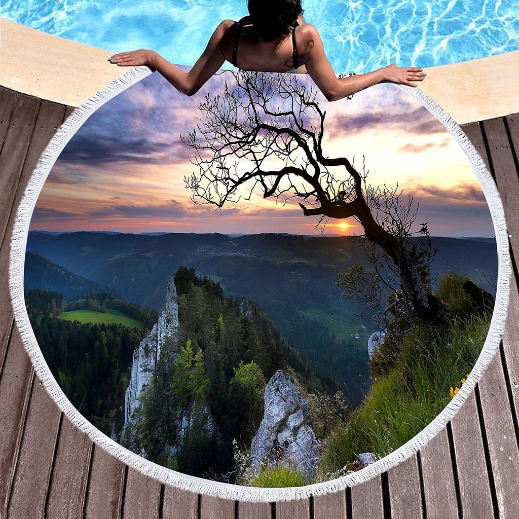 Pretty Country Scenery Print Round Beach Blanket,Polyester Sand Resistant Beach Towel,Absorbent Quick Dry Pool Towel Picnic Mat