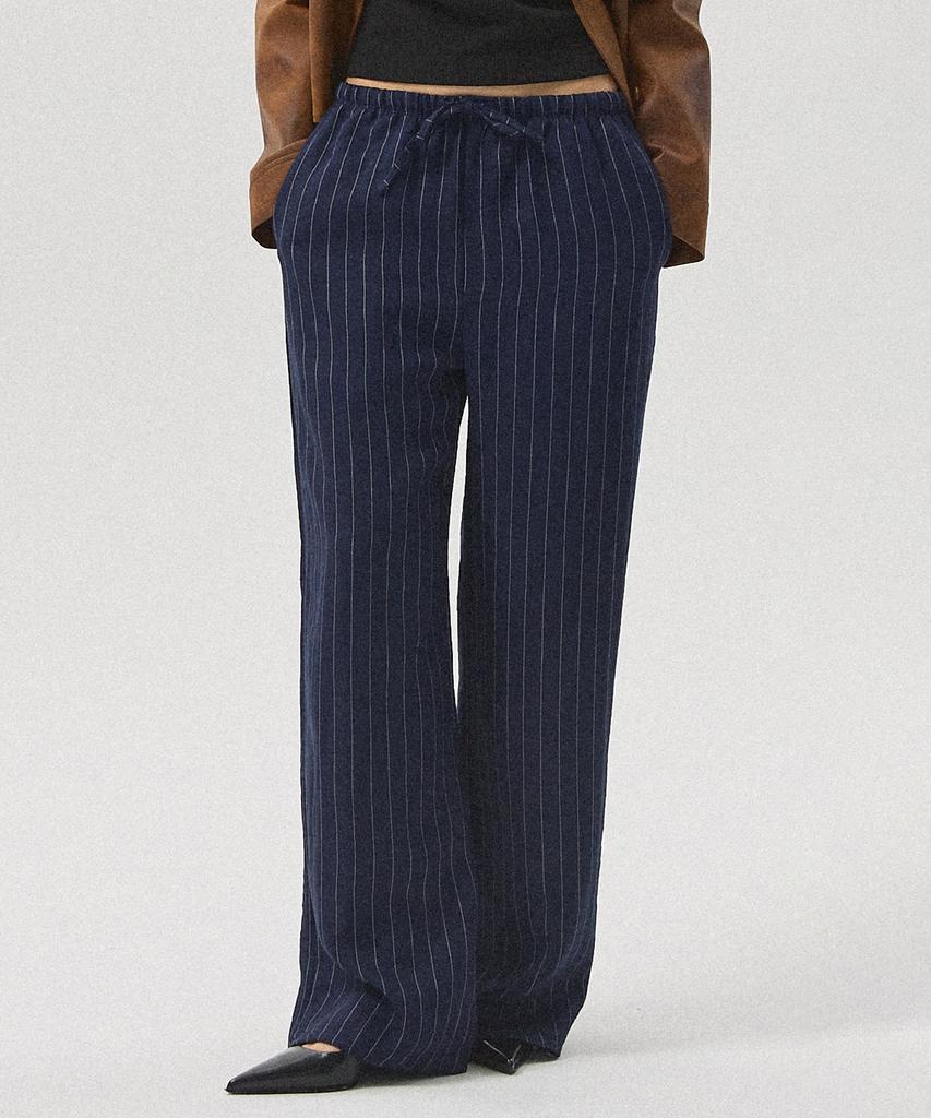 Aheule Sero Linen-Like Stripe Banding Wide Straight Pants_Navy