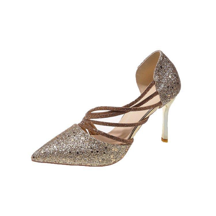 

High heels women s shoes thin heels new sequined rhinestones hollow sexy pointed single shoes women 34 золотий