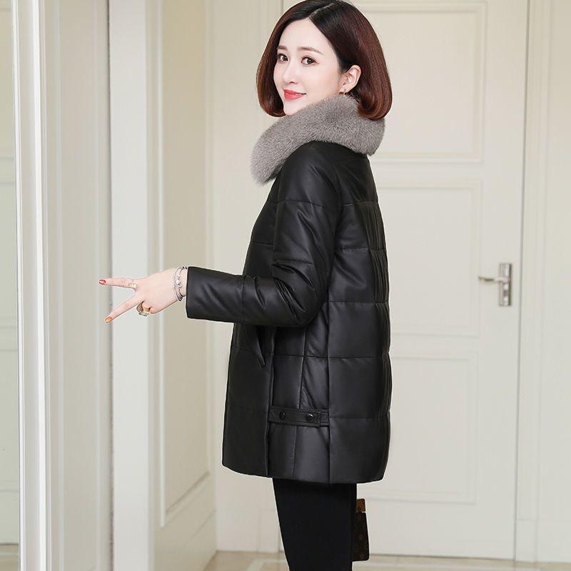 Haining Leather Jacket Women's Winter New Imitation Fox Fur Collar Leather Jacket Down Cotton-padded Jacket Women's Medium and Long Fur Jacket