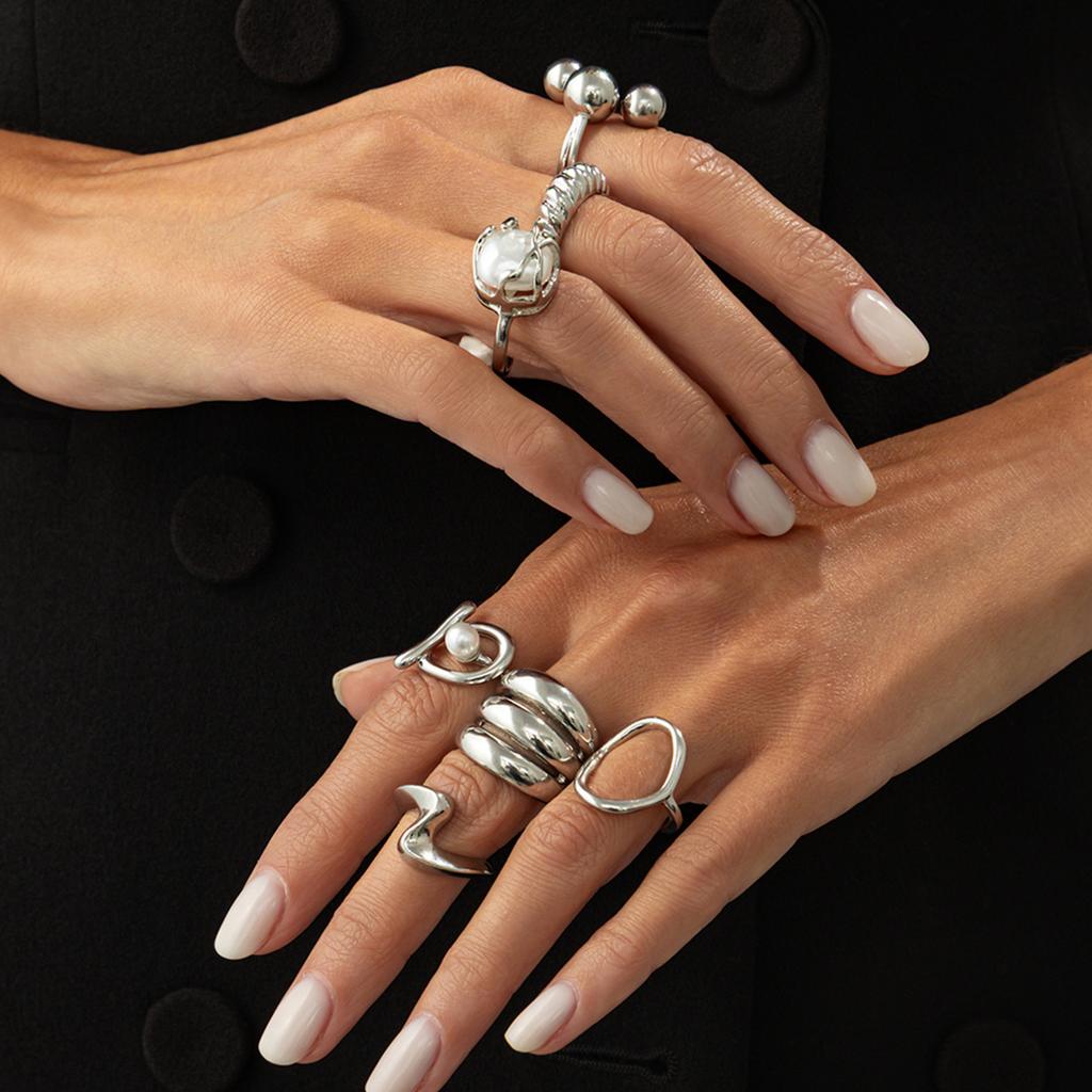 Design Wind Irregular Metal Smooth Ring, Personalized Thread Imitation Pearl Ring Set