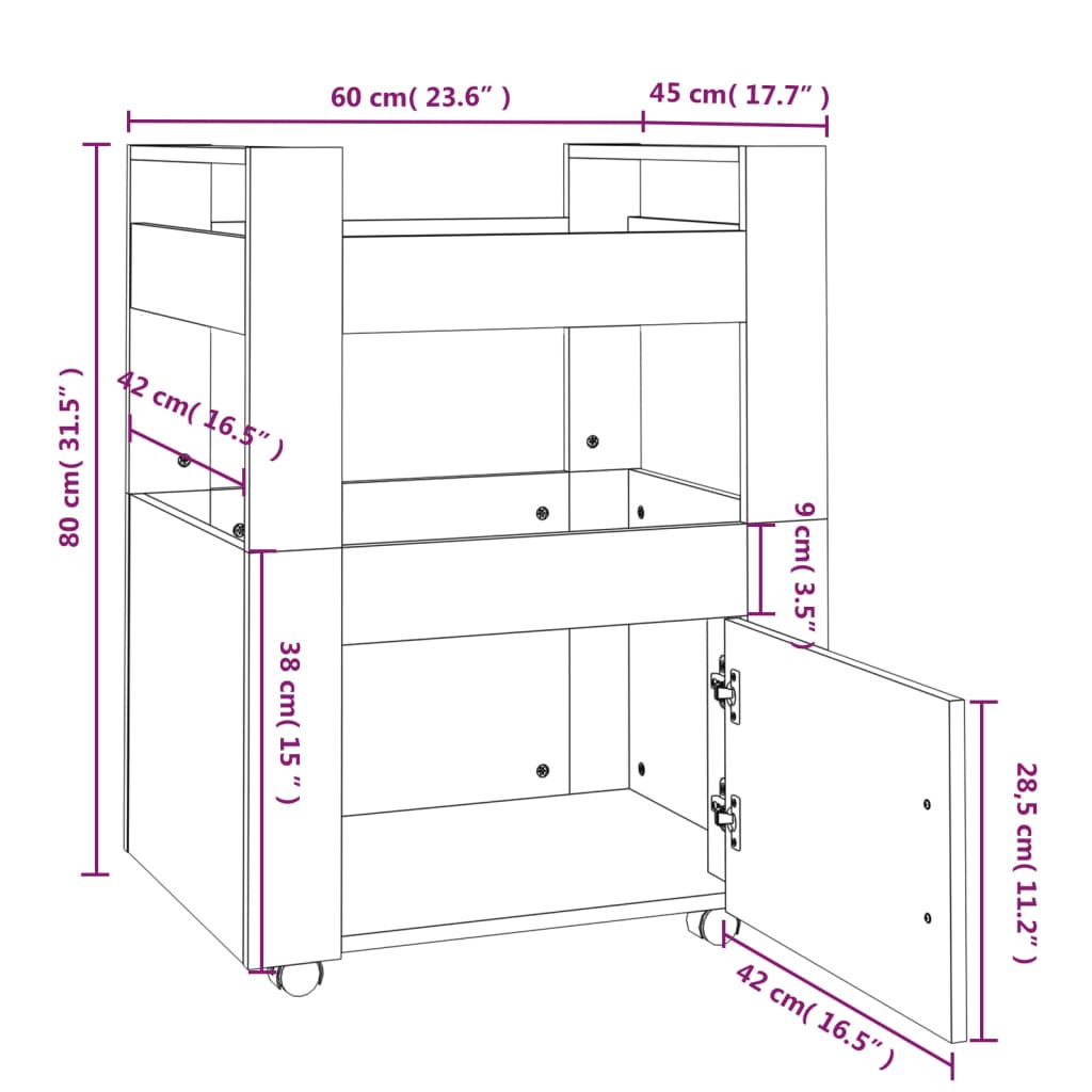 Kitchen Trolley Smoked Oak Finish 60 X 45 X 80 Cm Engineered Wood