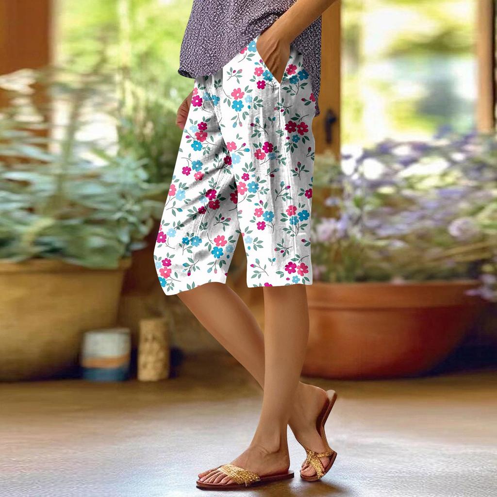 Women's Fashion Printed Pocket Elastic Waist Casual 5/10 Pants