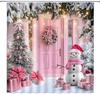 Christmas Shower Curtain Pink Snowman Green Xmas Tree Barn Door Snowflake Funny Rustic Farmhouse Winter Holiday Bathroom Curtain