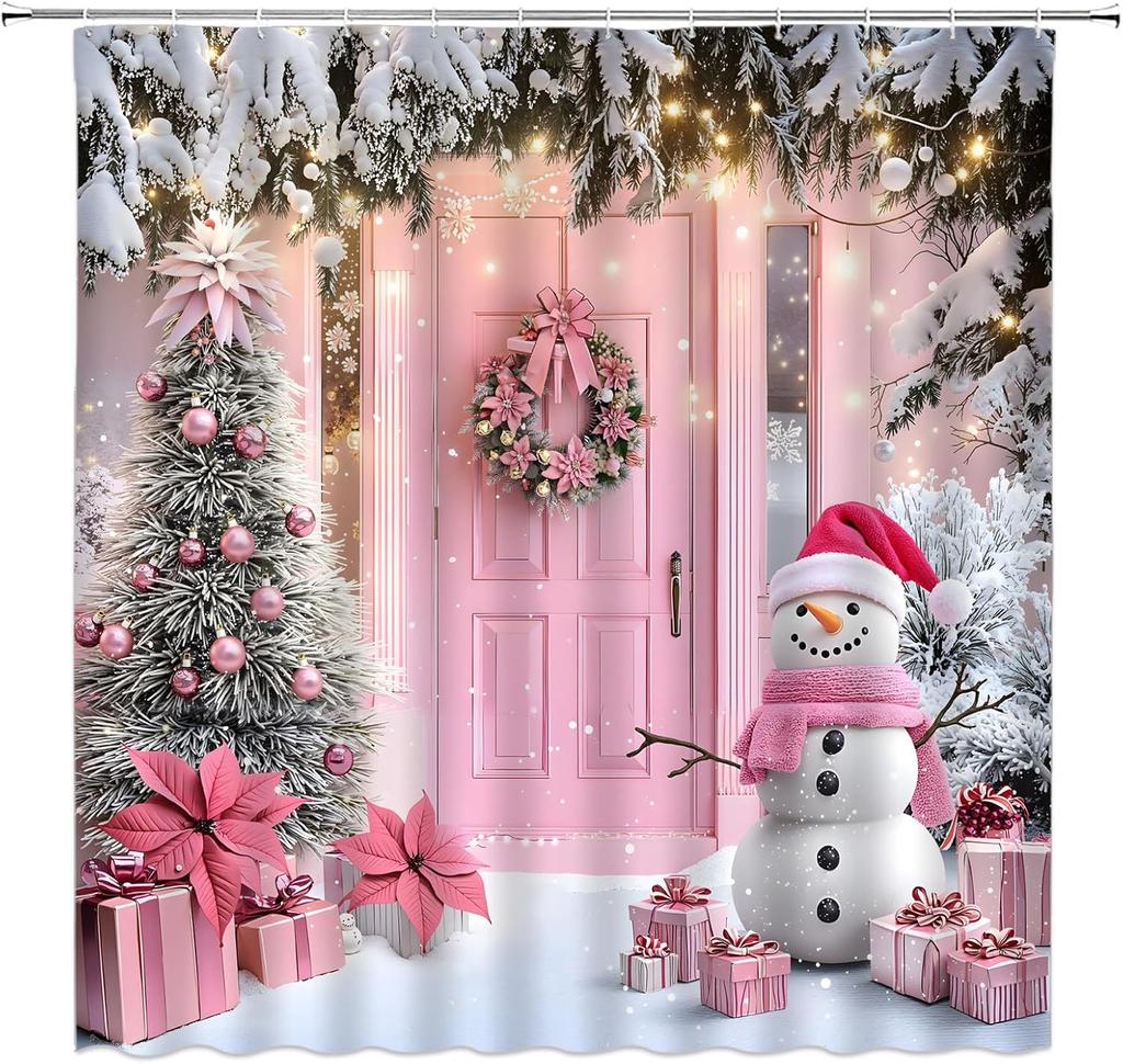 Christmas Shower Curtain Pink Snowman Green Xmas Tree Barn Door Snowflake Funny Rustic Farmhouse Winter Holiday Bathroom Curtain