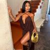 European and American Style Ins Foreign Style Women's Clothing Solid Color Split Irregular Skirt Chest Wrap Deep V-neck Sexy Neck Dress