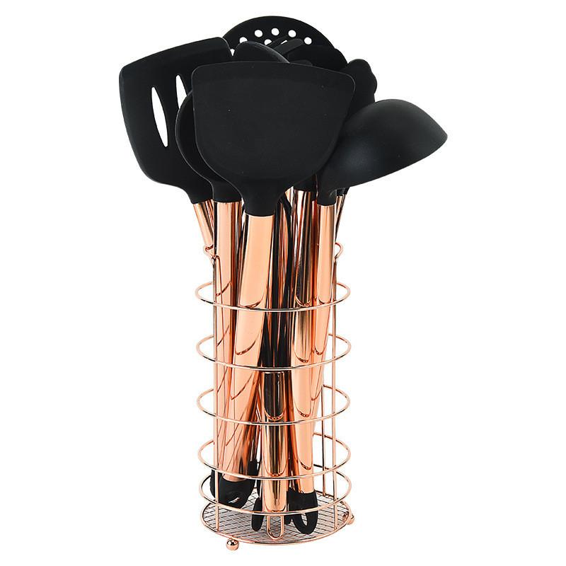 Mångsidigt Svart Silikon och Rostfritt Stål Köksredskapsset Tolvdelat Non-stick Matlagningsnödvändigheter