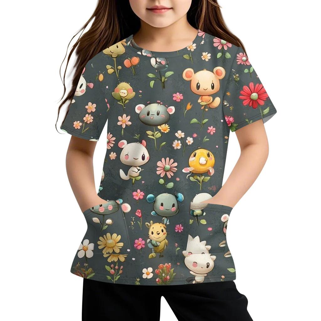 Children's Short Sleeve Pocket Tops Casual  Print T Shirt Round Neck Pullover Blouse