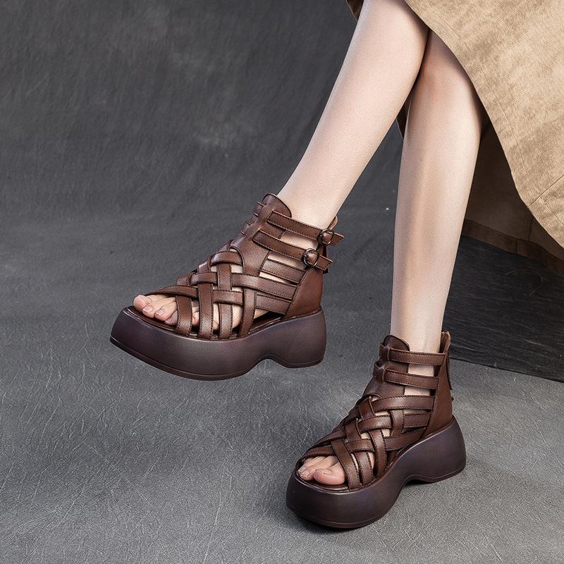 Sandalias Romanas Tejidas a Mano para Mujer Piel Genuina de Vaca Zapatos de Plataforma Boca de Pez Retro Cómodas Hebilla Sandalias de Verano