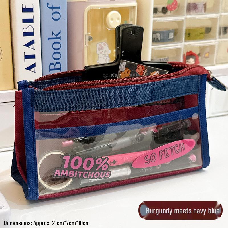 Dopamine Color Block Transparent Pencil Case: Multi-Layer Patchwork Design for Students