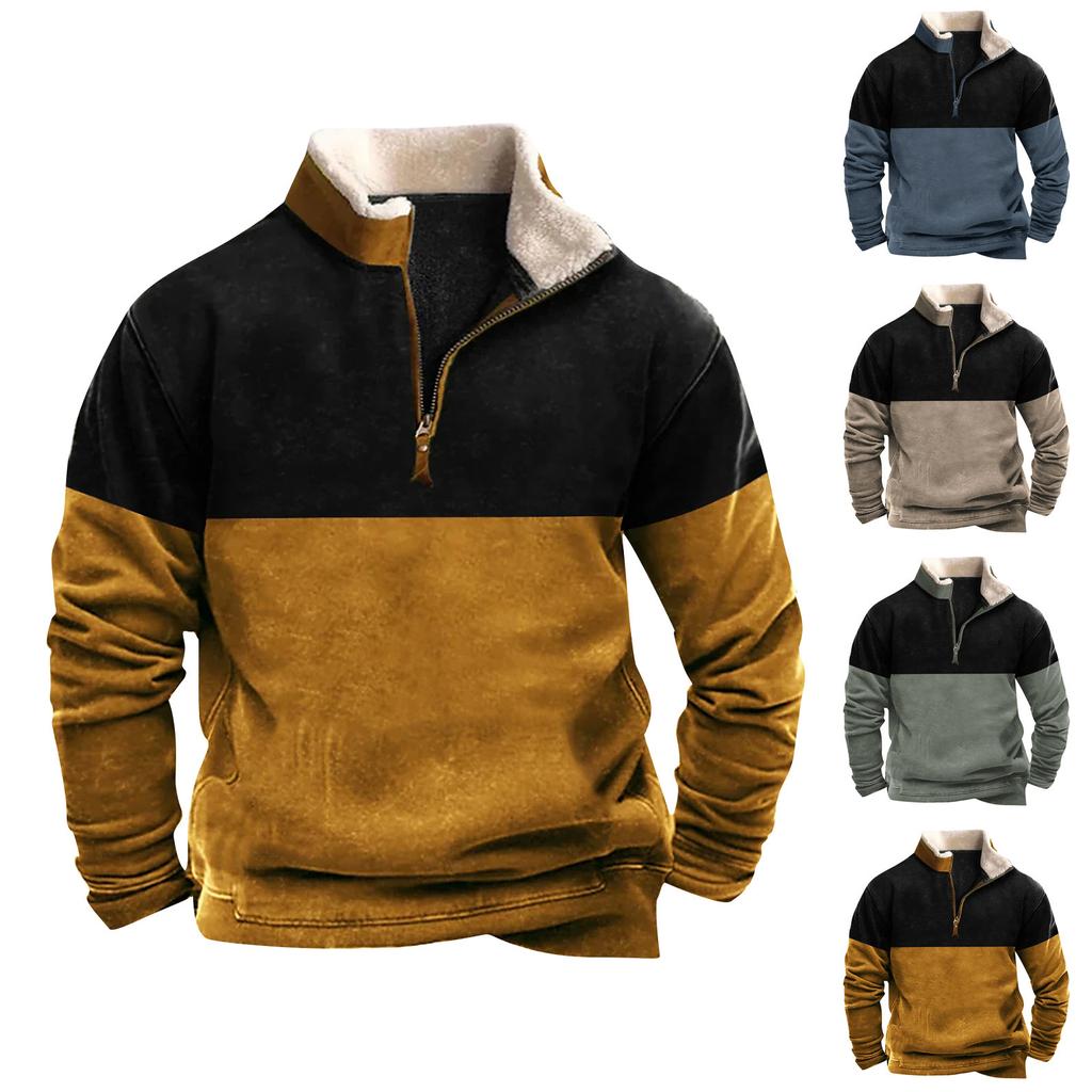 Men's Vintage High Neck Top Half Zip Sports Long Sleeve Sweater