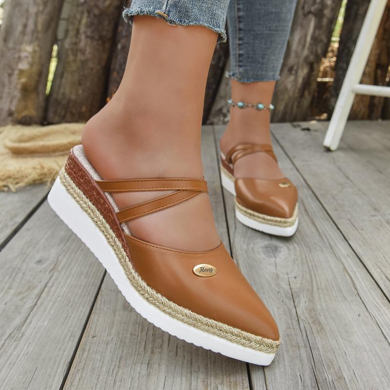 Fashion Baotou Rear Air Cool Mopping Summer New Pointed Toe Shallow Mouth Wedge Heel Light Hemp Rope Braiding Platform Shoes