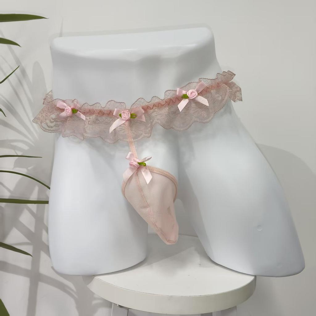 Sissy Lingerie Panties Men'S Pearl Massage T Back Thong Transparent Lace Frilly Mini Pouch G-String Femboy Crossdressers Outfits