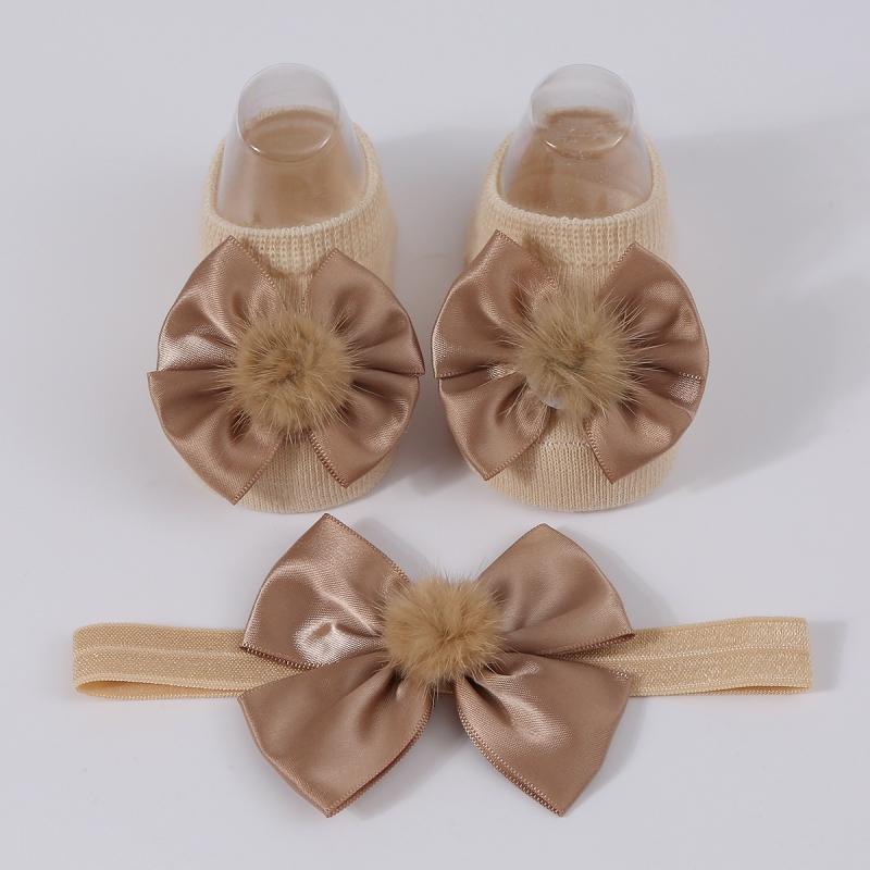 Baby Girl Princess Socks With Headband, Plush Bowknot Children's Socks Solid Color Kids Socks